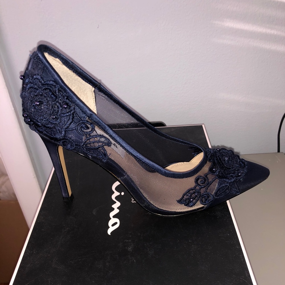 Nina Donela navy blue satin and mesh detailed pump